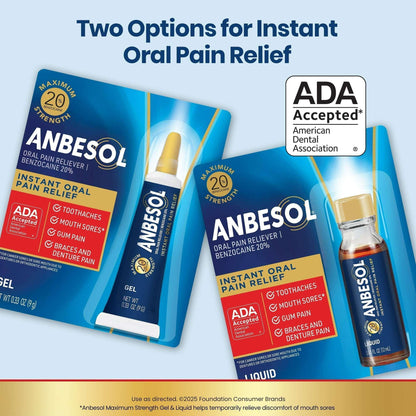 Anbesol Instant Oral Pain Relief Liquid with Benzocaine, Maximum Strength, 0.41 fl oz