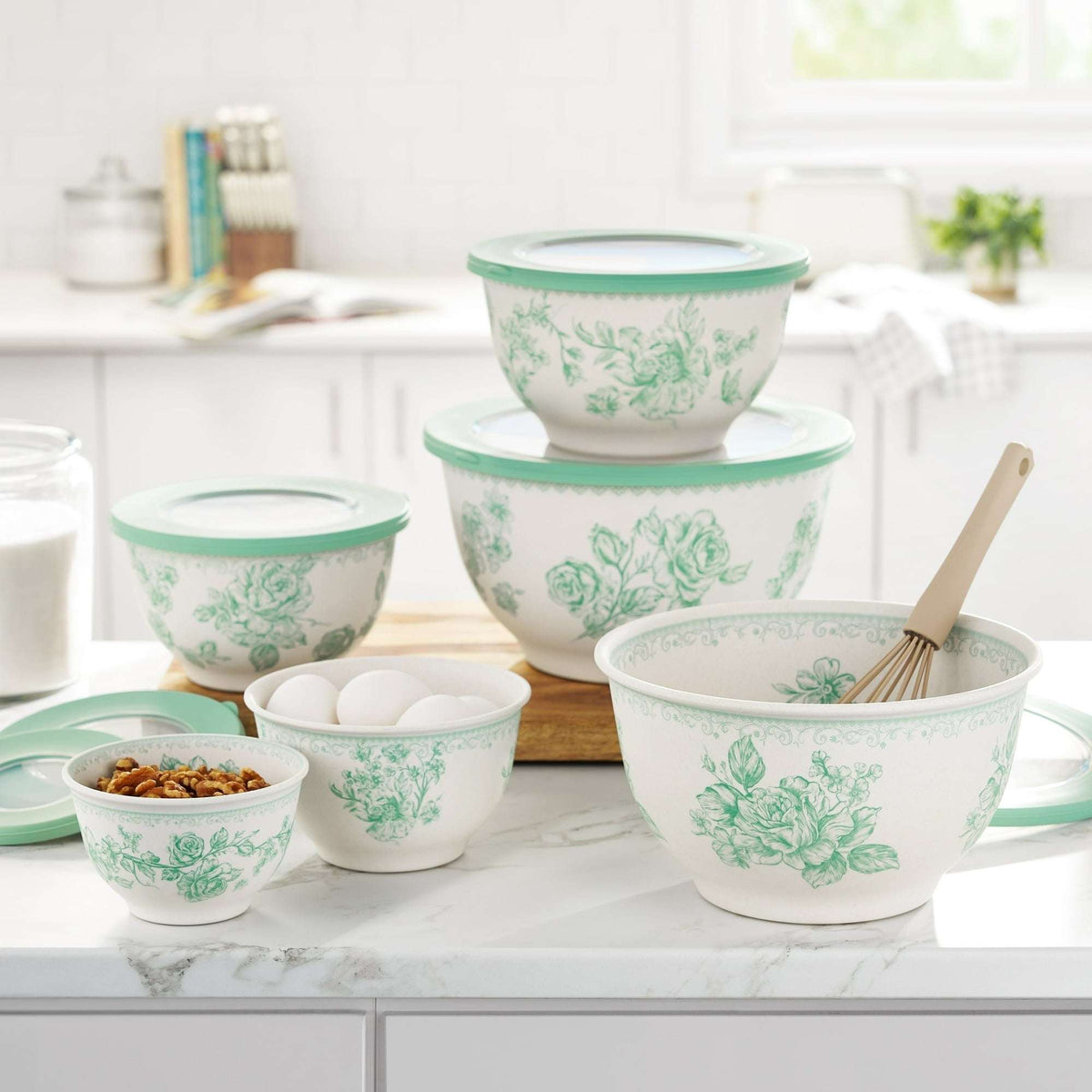 The Pioneer Woman Agatha 12-Piece Bamboo Melamine Nesting Mixing Bowl Set, Green