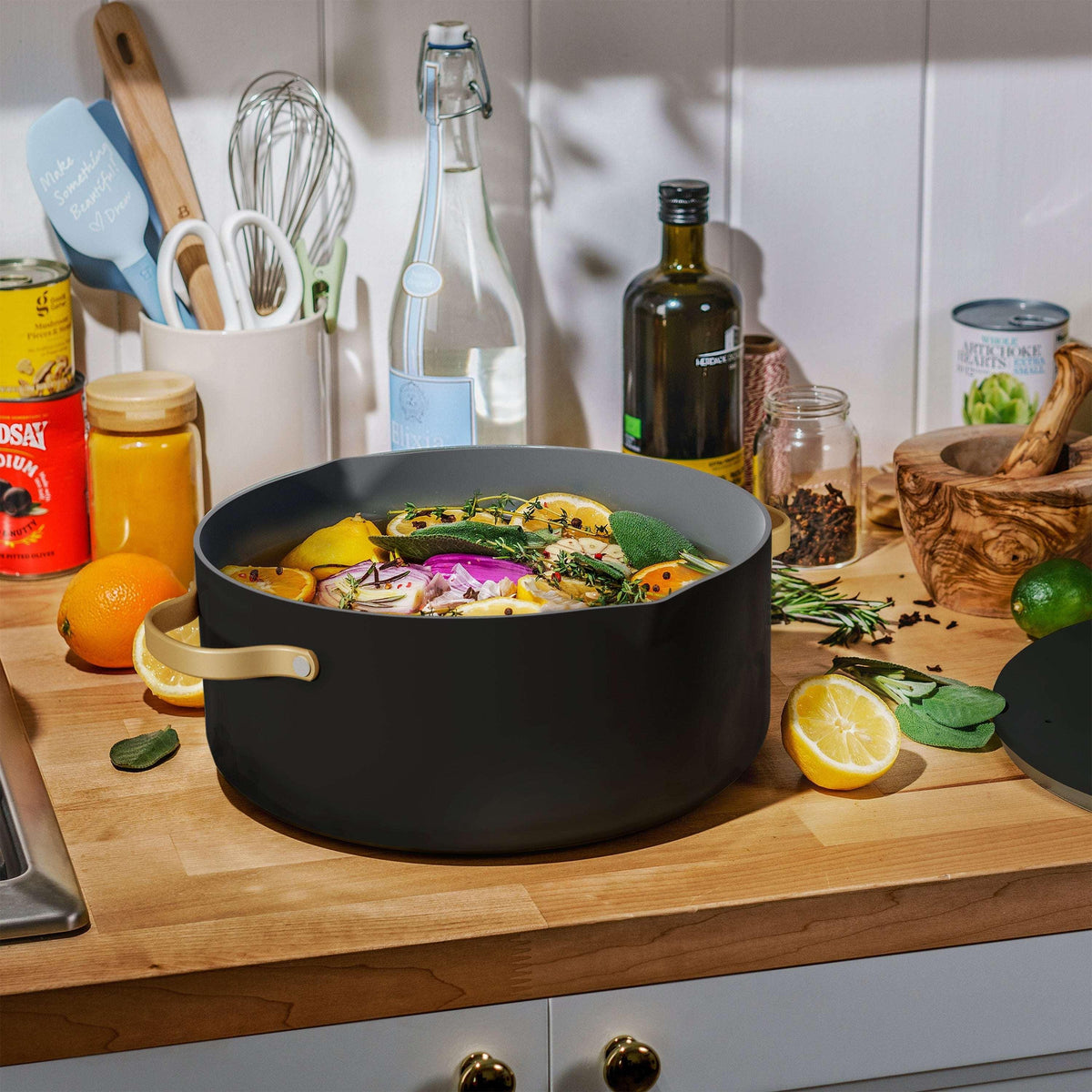 Beautiful 8 Quart Ceramic Non-Stick Stock Pot with Strainer Lid, Black Sesame by Drew Barrymore