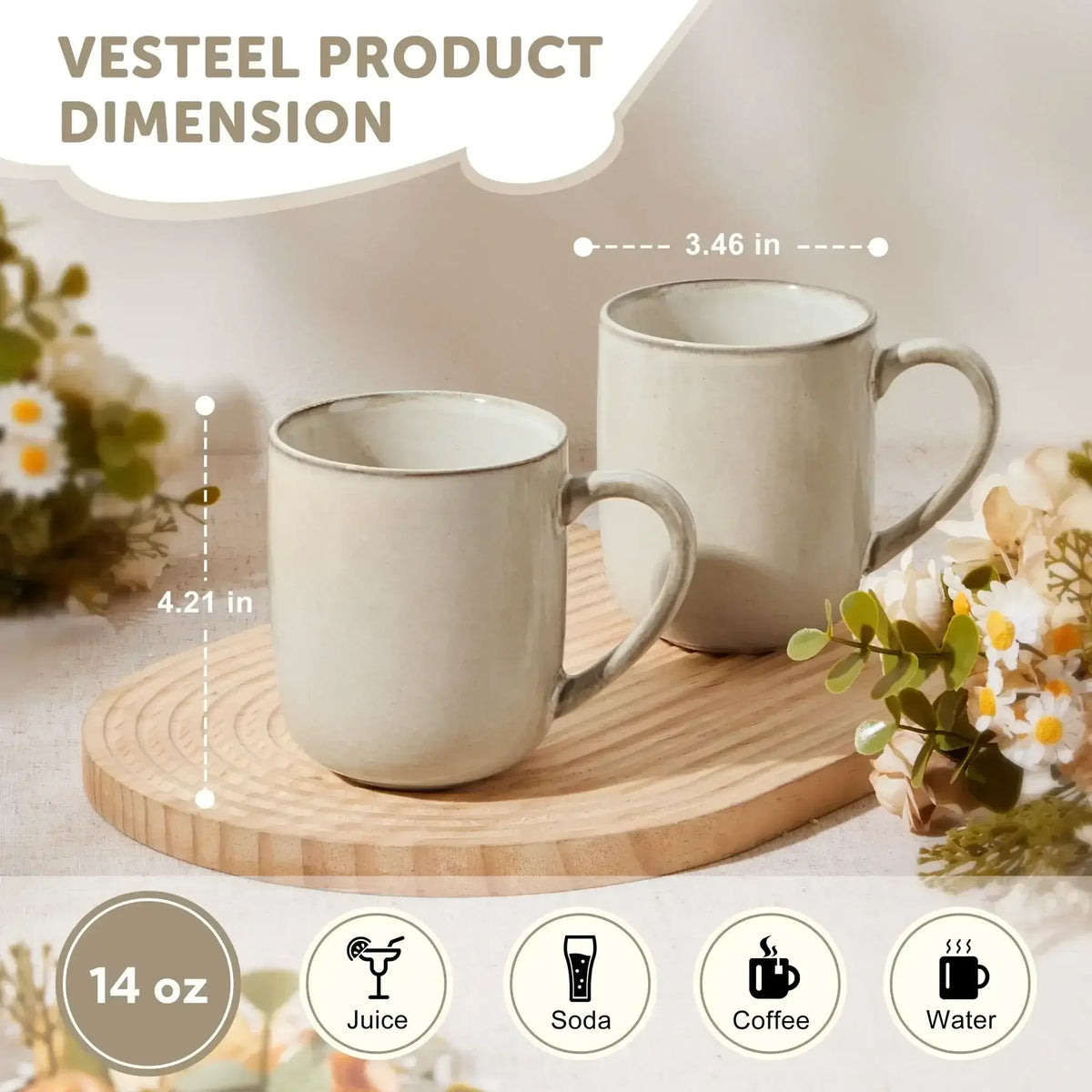 Vesteel Coffee Mug Set of 4, Ceramic Coffee Cups with Handles, 14oz Handmade Reactive Glaze Mugs Set for Coffee Tea Milk, Mug Gifts for Thanksgiving Day Anniversary, Gifts for Men, women, Home, Office and Restuarant