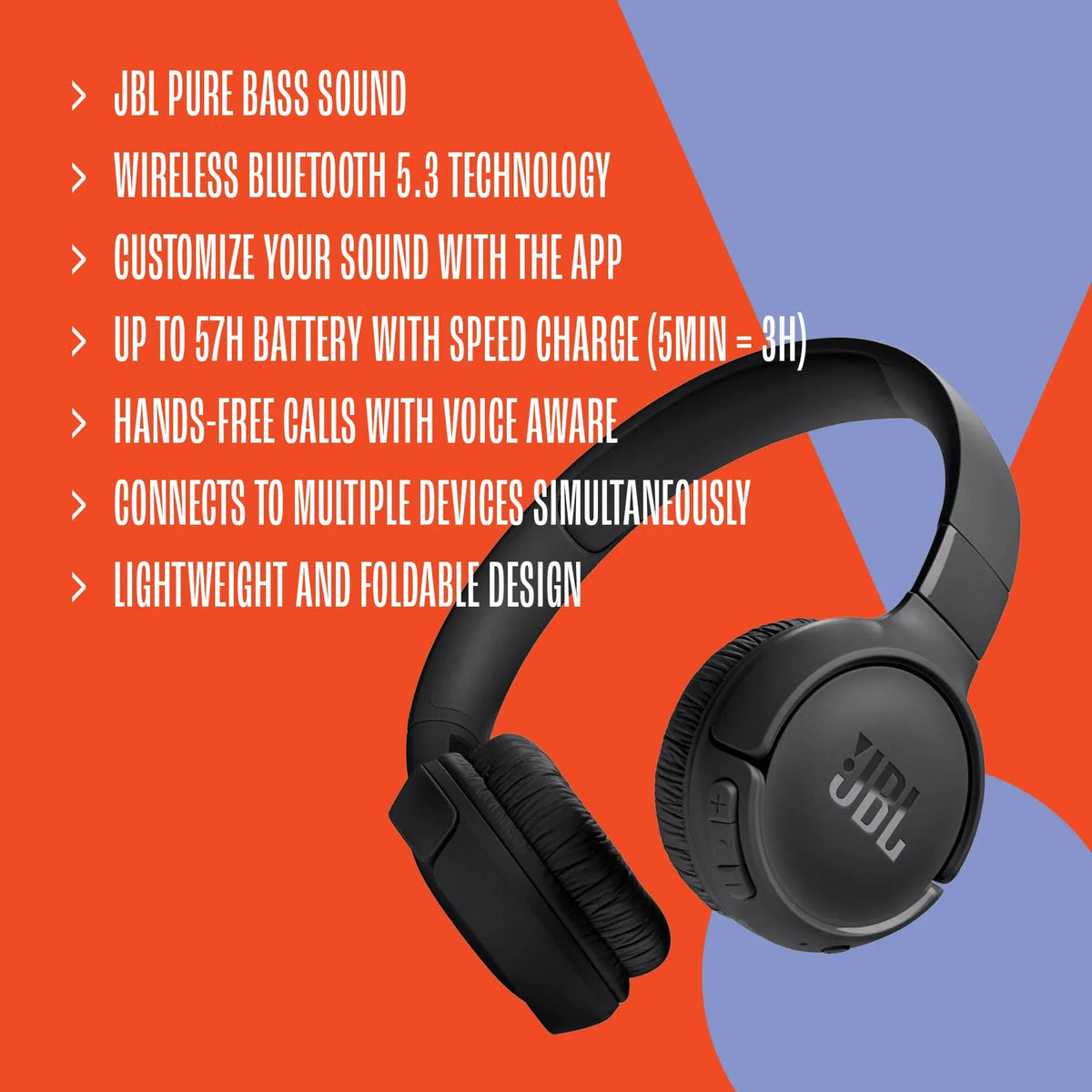 JBL Tune 520BT - Wireless on-ear headphones - Immerse in JBL Pure Bass sound wherever you go. - Black