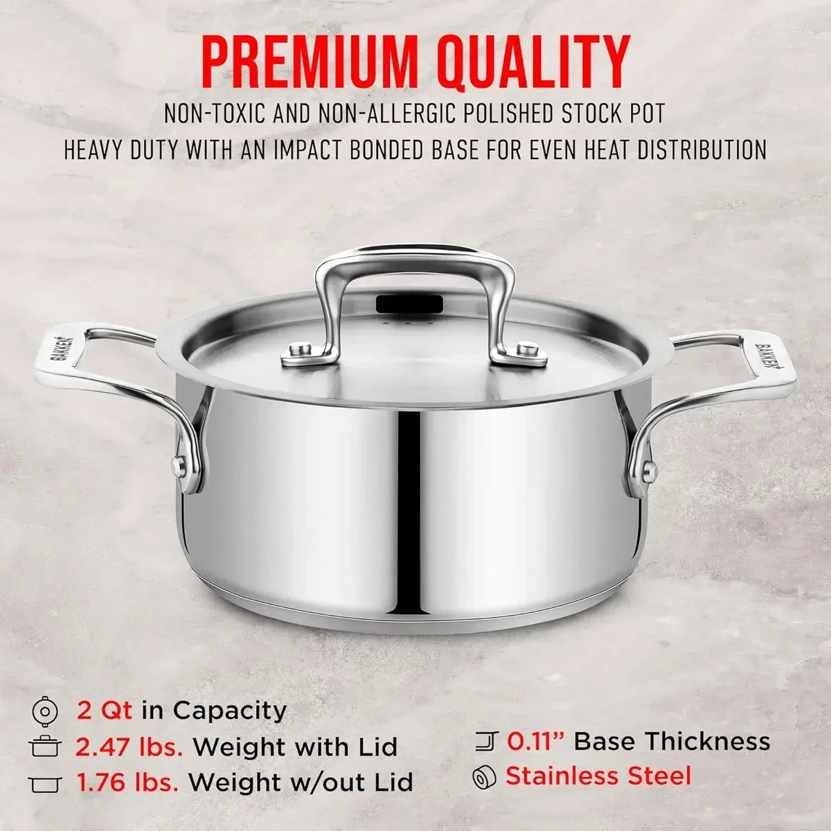 Stockpot – 2 Quart  to 24 Quart – Brushed Stainless Steel – Heavy Duty Induction Pot with Lid and Riveted Handles – For Soup, Seafood, Stock, Canning and for Catering for Large Groups and Events by BAKKEN