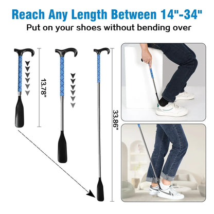 KEKOY Shoe Horn with Long Handle, 14" to 34" Adjustable and Retractable Expander Shoe Stick, Portable Stainless Steel Long Shoehorn for Seniors with Travel Bag