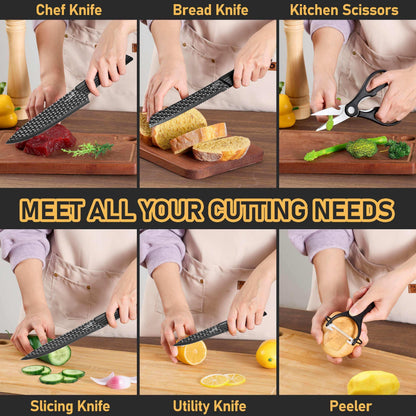 Vesteel Kitchen Knife Set of 7, Professional Stainless Steel Knives Set for Kitchen with Universal Knife Block - Khaki