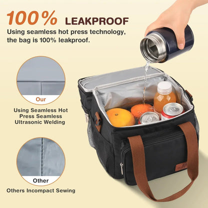 Insulated Lunch Bag for Women/Men, 17L Expandable Double Deck Lunch Cooler Box, Lightweight Leakproof Lunch Tote Bag W/ Side Tissue Pocket&Adjustable Shoulder Strap, Suit for Work,Picnic,Black