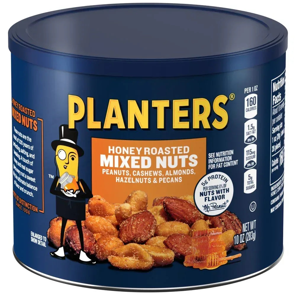 Honey Roasted Mixed Nuts, Party Snacks, Plant-Based Protein, 10 Oz Canister