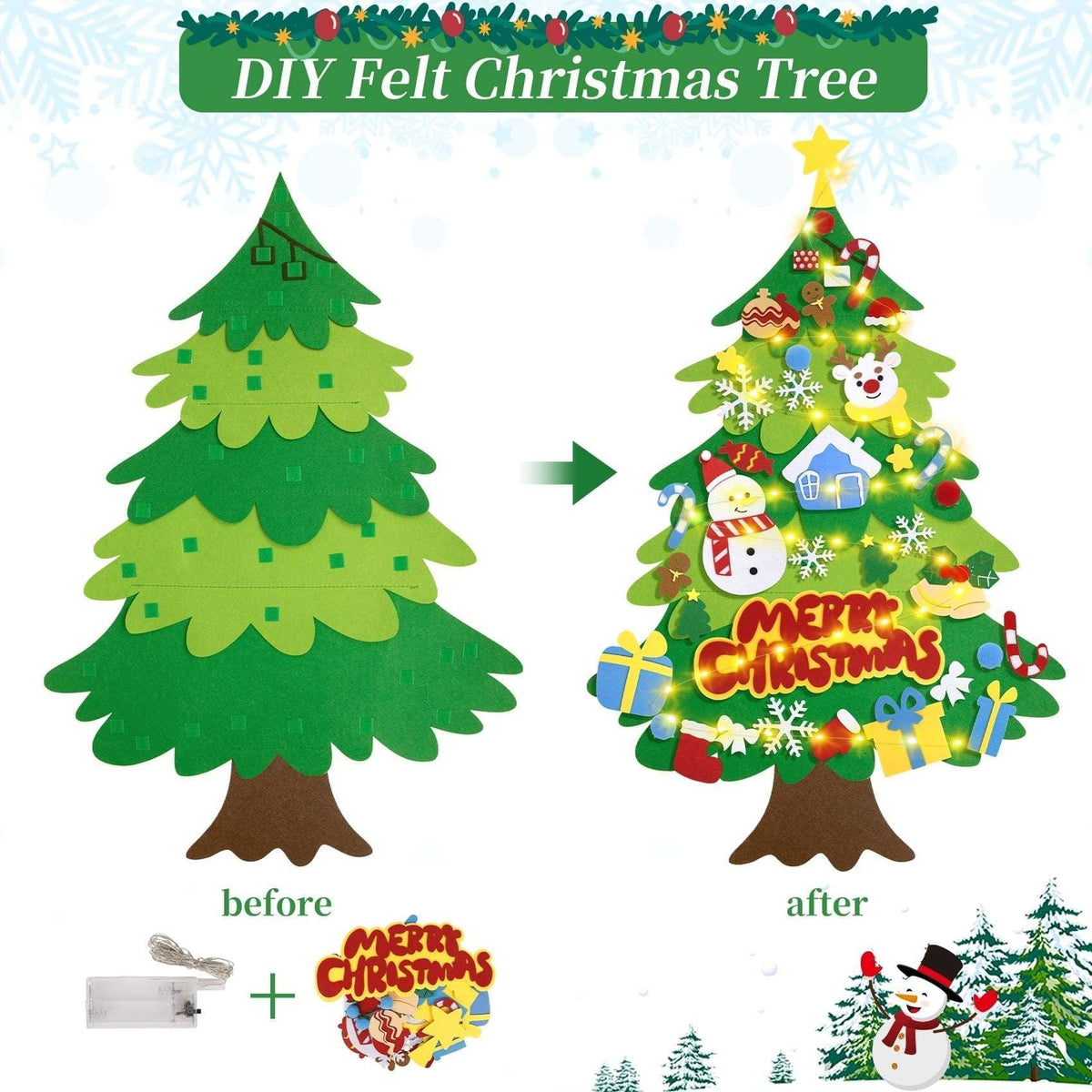 Jubtucc DIY Felt Christmas Tree Set with Light String, 38 Pcs Christmas Ornaments, 3.6 ft Wall Hanging Christmas Decorations for Kids Gifts New Year