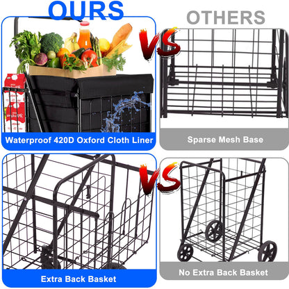 Folding Shopping Cart, Heavy Duty Grocery Cart with Removable Basket, 360° Rolling Laundry Cart & Lightweight Trolley for Shopping, Grocery, Laundry, Supermarket, Camping, Outdoor, Beach