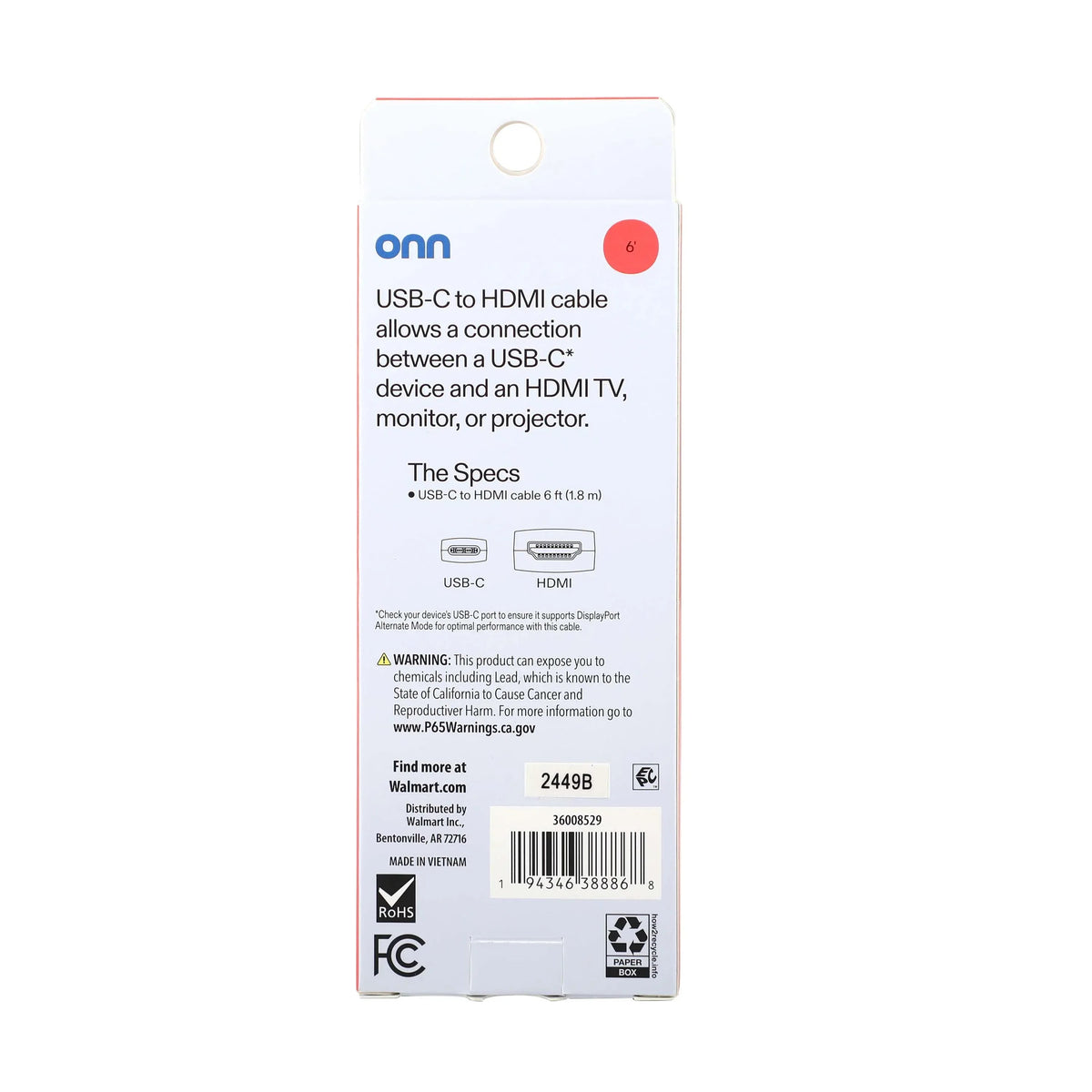 onn. USB-C to HDMI Cable (6 Feet / 1.8m), 4K Video & Audio Output for Laptop, Tablet, Phone to TV, Monitor, Projector