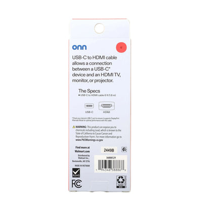 onn. USB-C to HDMI Cable (6 Feet / 1.8m), 4K Video & Audio Output for Laptop, Tablet, Phone to TV, Monitor, Projector