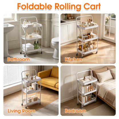 3 Tier Folding Rolling Cart, Folding Utility Cart with Lockable Wheels and Handle, Mobile Foldable Storage Cart Organizer for Kitchen, Bathroom, Office, Living Room