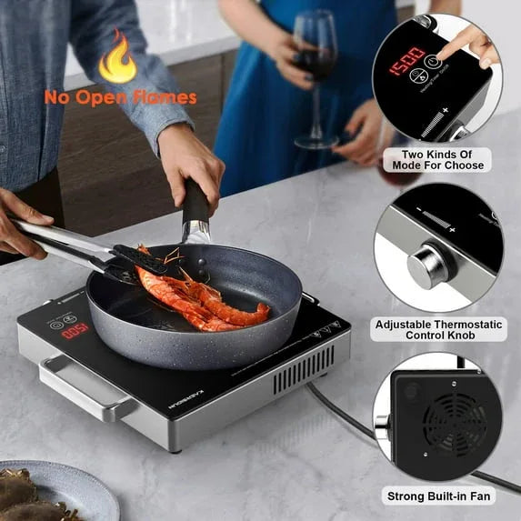 Hot Plate Electric Single Burner 1500W Portable Burner for Cooking with Adjustable Temperature & Stay Cool Handles, Non-Slip Rubber Feet, Stainless Steel Easy to Clean, Compatible for All Cookware