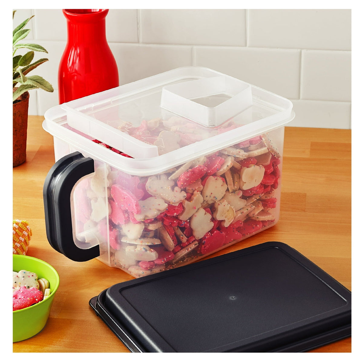 Mainstays Medium Plastic Canister with Handle, 21 Cups, Gray Lid and Handle, Made for Pantry Organization and Food Storage