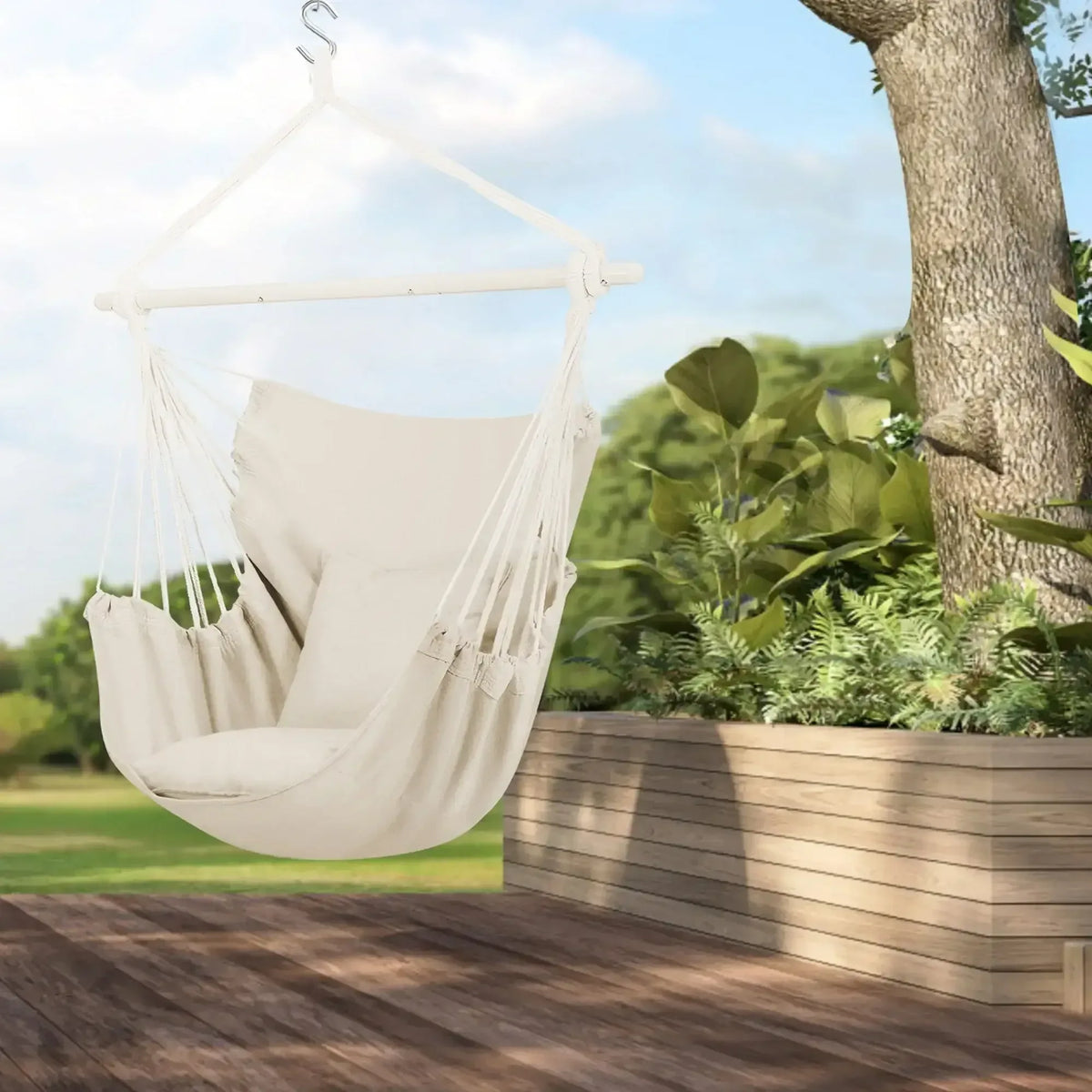 Large Hammock Chair Swing, Relax Hanging Rope Swing Chair with Detachable Metal Support Bar & Two Seat Cushions, Cotton Hammock Chair Swing Seat for Yard Bedroom Patio Porch Indoor Outdoor