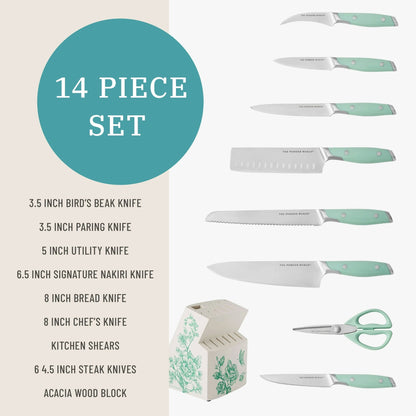 The Pioneer Woman 14 Pieces Knife Set with Decal Block Stainless Steel Knives, Forged, Green Agatha