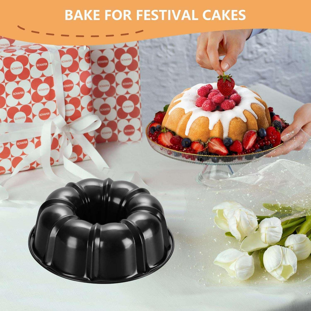Vesteel 10 inch Bundt Cake Pan, Non-Stick Pan for Baking Brownie Flan Meatloaf, Carbon Steel Bakeware with Tube for Birthday Wedding Events, Heavy Duty & Durable - Black
