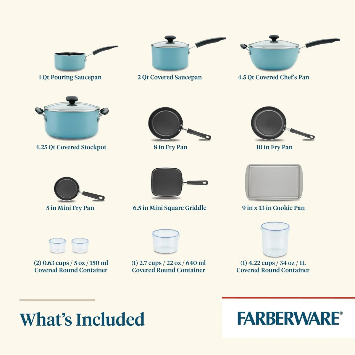 Farberware Easy Clean 20 Pcs Nonstick Cookware Set and Glass Lids with Cooking Tools and Food Storage Containers, Dishwasher Safe