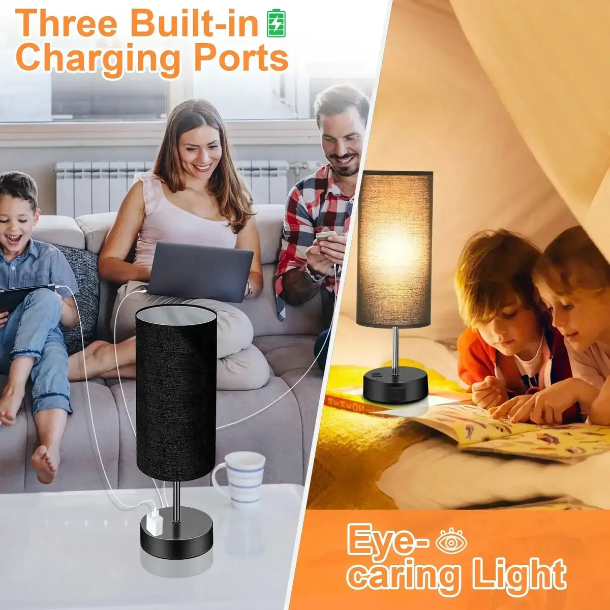 Table Lamps for Bedroom, 3 Way Dimmable Touch Control Bedside Lamp with USB C+A Fast Charging Ports, Nightstand Lamp for Office, Living Room, Reading(E26 Light Bulb Included)