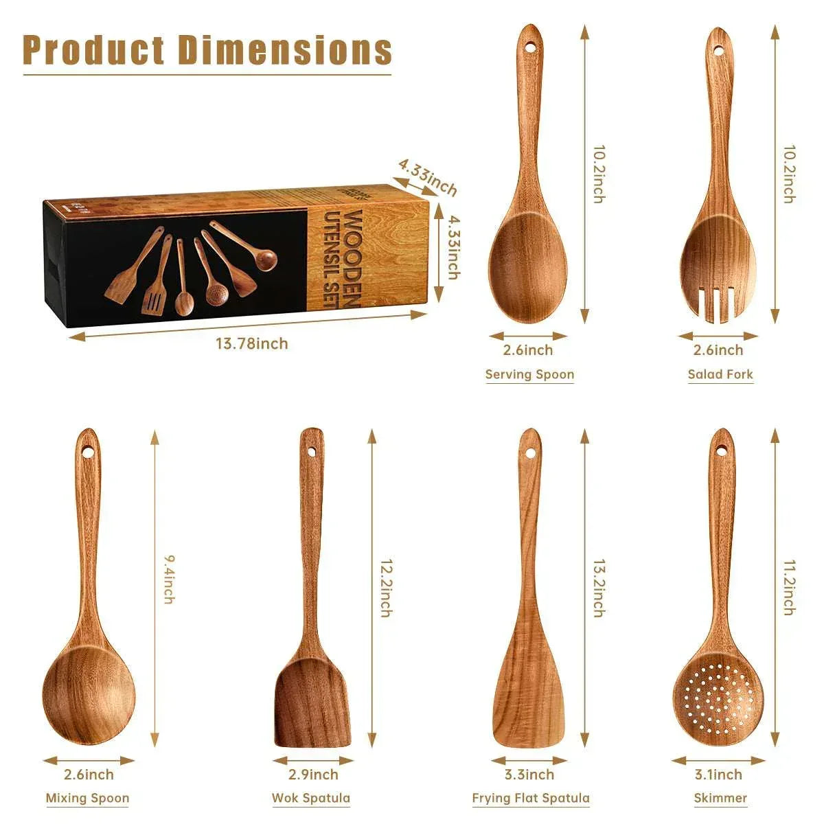 GPED Wooden Spoons for Cooking, 6 PCS Teak Wood Cooking Utensil Set, Wooden Kitchen Utensils for Nonstick Pans & Cookware, Spoons and Spatula Set, Sturdy, Lightweight & Heat Resistant