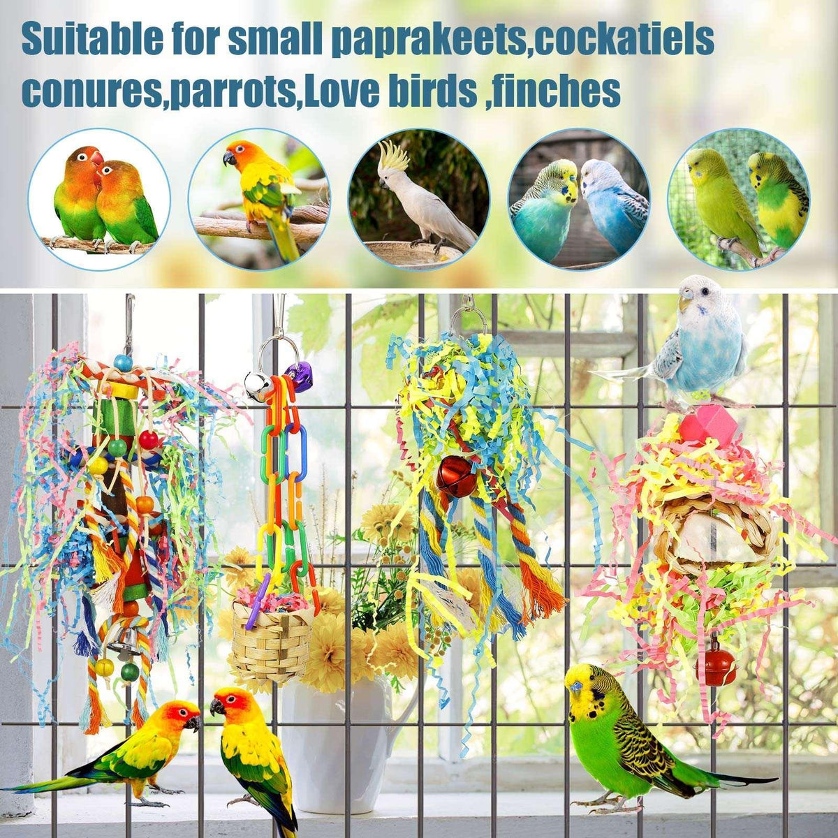 Armscye 4 Pack Bird Shredding Toys, Parrots Chewing Hanging Foraging Toys Parrots Cage Shredder Toys Birds Budgies Cage Accessories for Small Parakeets, Conures, Love Birds, Finches
