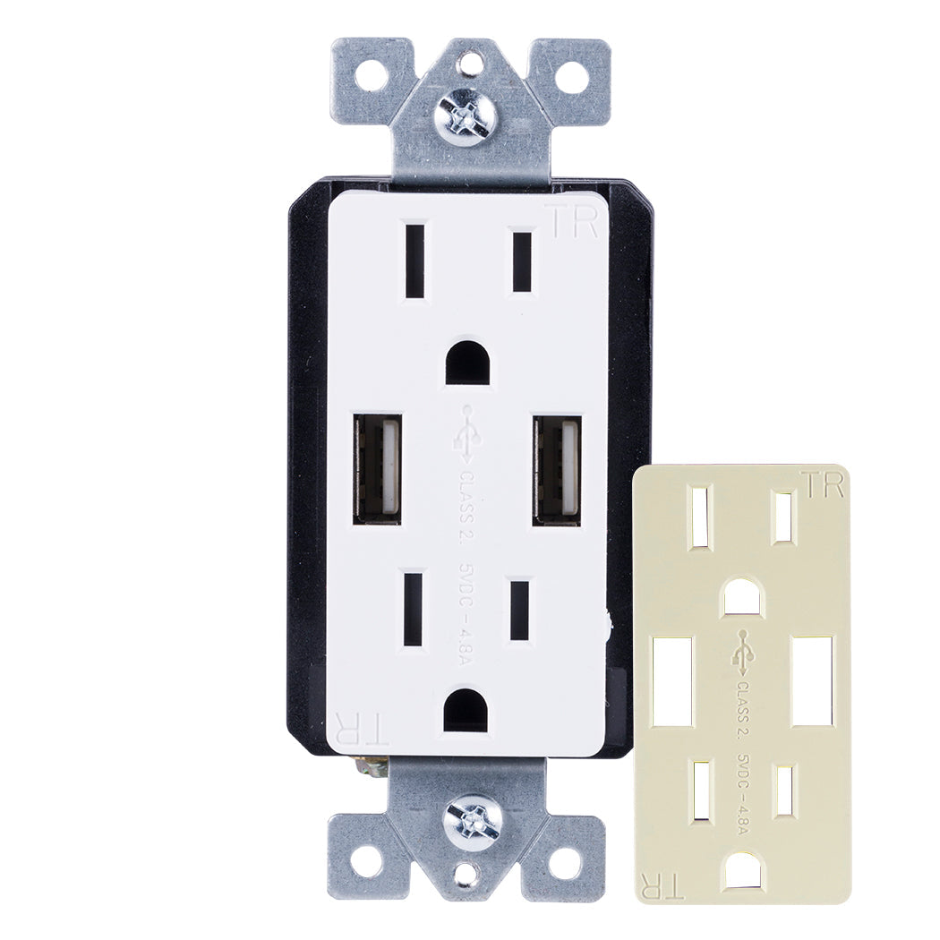 GE UltraPro 2-Outlet, 2-USB in-Wall Receptacle, White/Light Almond, 15A - 40405