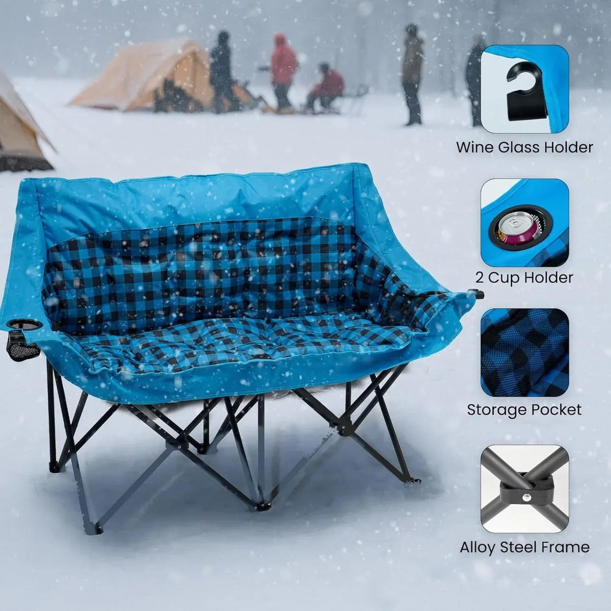 Slsy Double Camping Chair, Extra Padded Loveseat for 3 Prson Heavy Duty Folding Loveseat with Cup Holders for Camping, Fishing, or Hunting