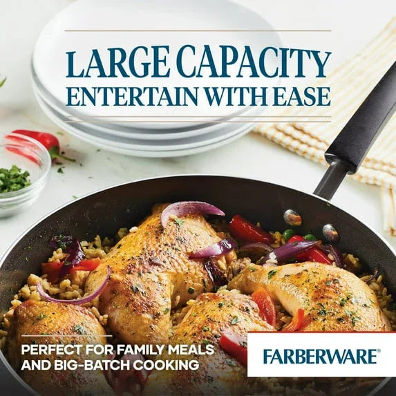 Farberware Easy Clean 6 Quart Nonstick Jumbo Cooker / Chef's Pan with Helper Handle and Glass Lid, Great for Family Meals, Dishwasher Safe, Black