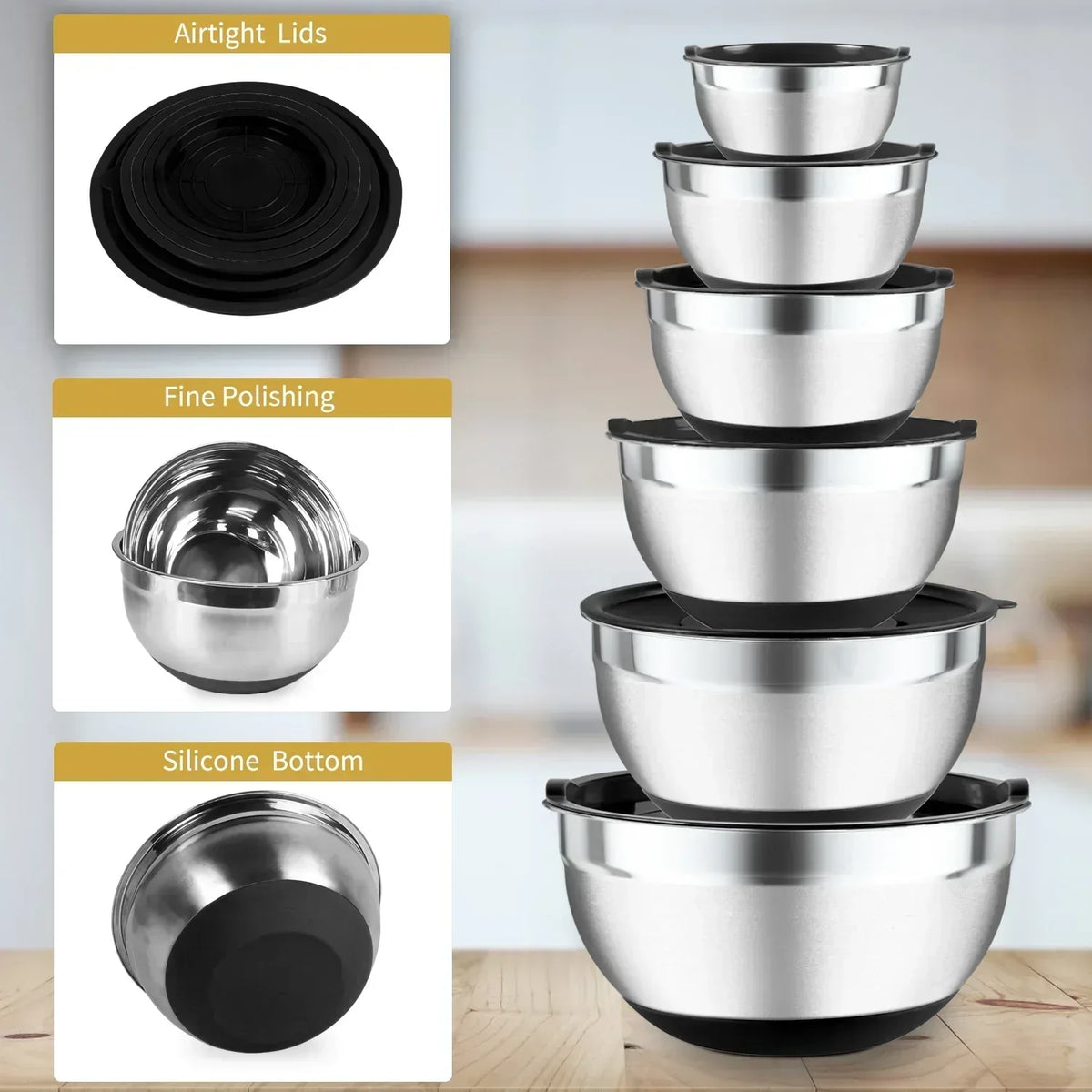 TINANA 26PCS Stainless Steel Mixing Bowls with Lids Set, Nesting Mixing Bowl Set with Non-Slip Bottom Graters Tools Gadgets, 7/4/3.5/2.5/2/1.5QT Metal Salad Bowls for Serving Prepping Baking