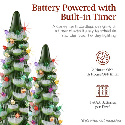 Best Choice Products Set of 3 Pre-Lit Hand-Painted Ceramic Tabletop Christmas Trees w/ Multicolor Lights - Flocked Green
