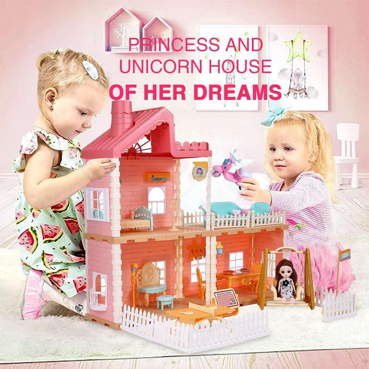 Hengswere 19Inch Dollhouse for Girls, 3 Rooms Princess Dollhouses with Furniture & Accessories and Doll Toy, Premium ABS Plastic, Pink