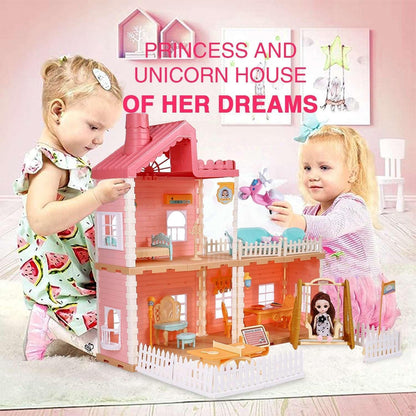 Hengswere 19Inch Dollhouse for Girls, 3 Rooms Princess Dollhouses with Furniture & Accessories and Doll Toy, Premium ABS Plastic, Pink