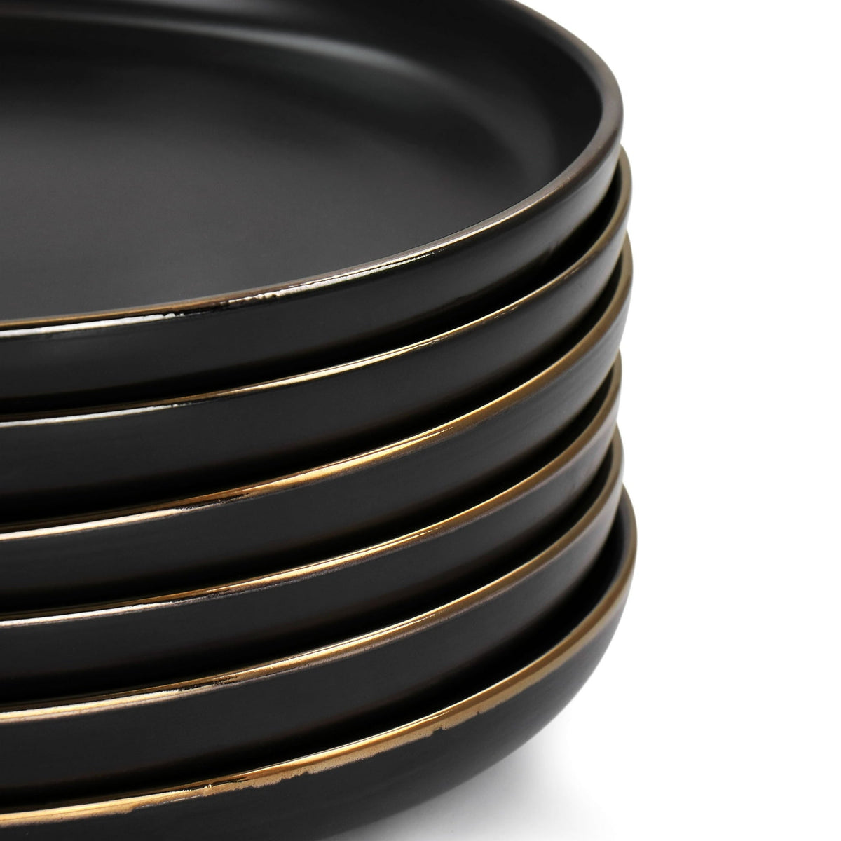 Elama Paul 6 Piece Stoneware Dinner Plate Set in Matt Black with Gold Rim