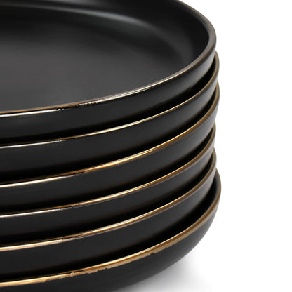 Elama Paul 6 Piece Stoneware Dinner Plate Set in Matt Black with Gold Rim