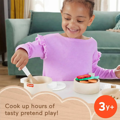 Fisher-Price Wooden Kitchen Pots & Pans Set, 19 Wood Pieces for Preschool Pretend Play, Ages 3+ Yearspla