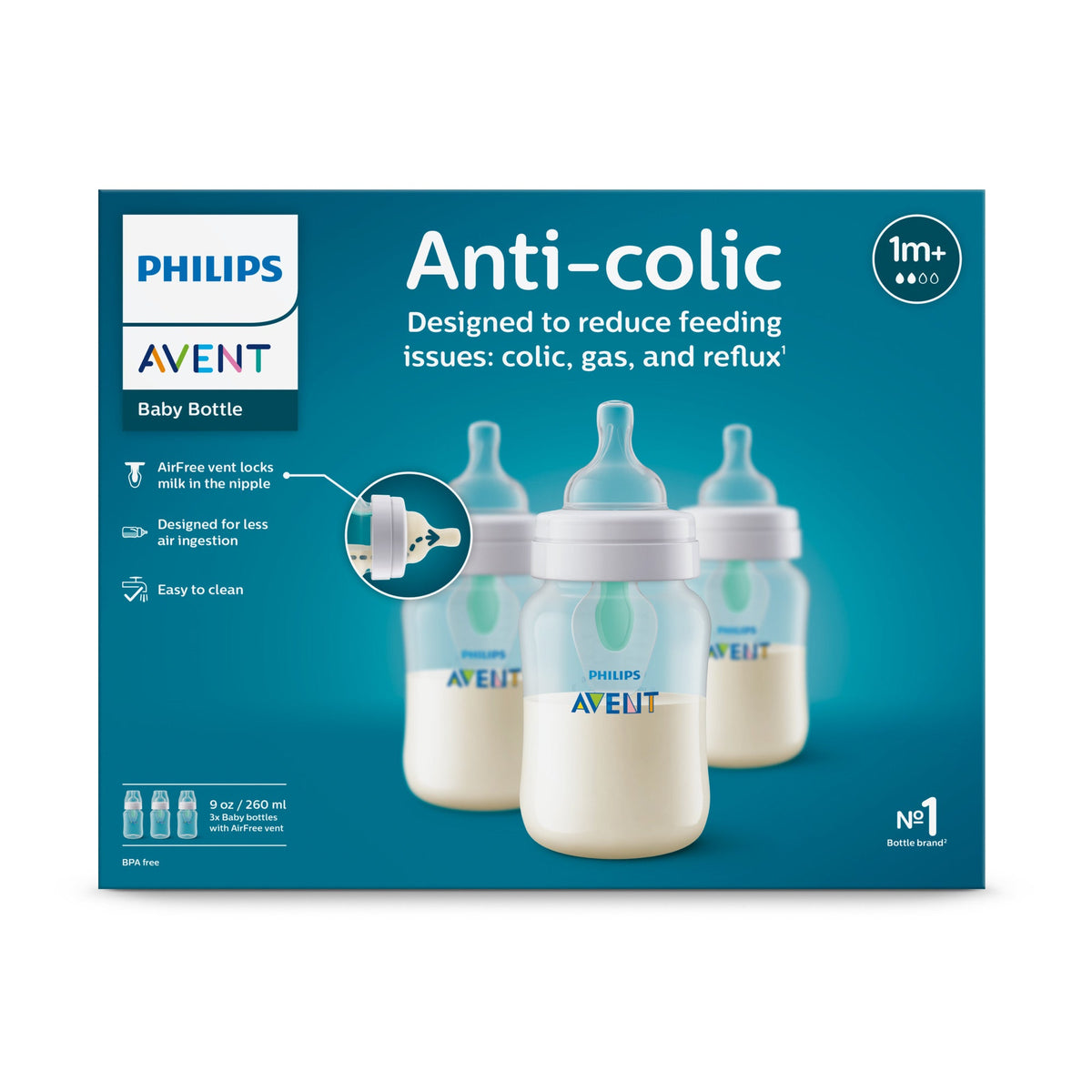 Philips Avent Anti-colic Bottle with AirFree Vent, 9oz, 3pk, Clear, SCY703/03