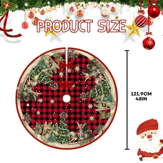 Christmas Tree Skirt, New Year Xmas Deco, 48 Inches Large Christmas Tree Skirts Snowflake Red and Black Plaid Stamp for Christmas Tree Decorations