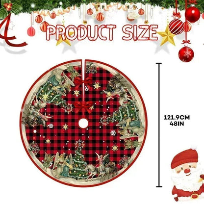 Christmas Tree Skirt, New Year Xmas Deco, 48 Inches Large Christmas Tree Skirts Snowflake Red and Black Plaid Stamp for Christmas Tree Decorations
