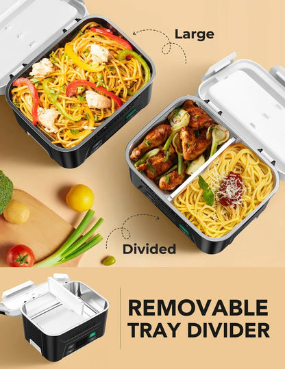 Cordless Electric Lunch Box, Heated Lunch Box Battery Powered with Automatic Scheduled Heating, 5.5 Cups Capacity, with Removable Tray Divider, Dishwasher Safe, for Hot Meals Anywhere