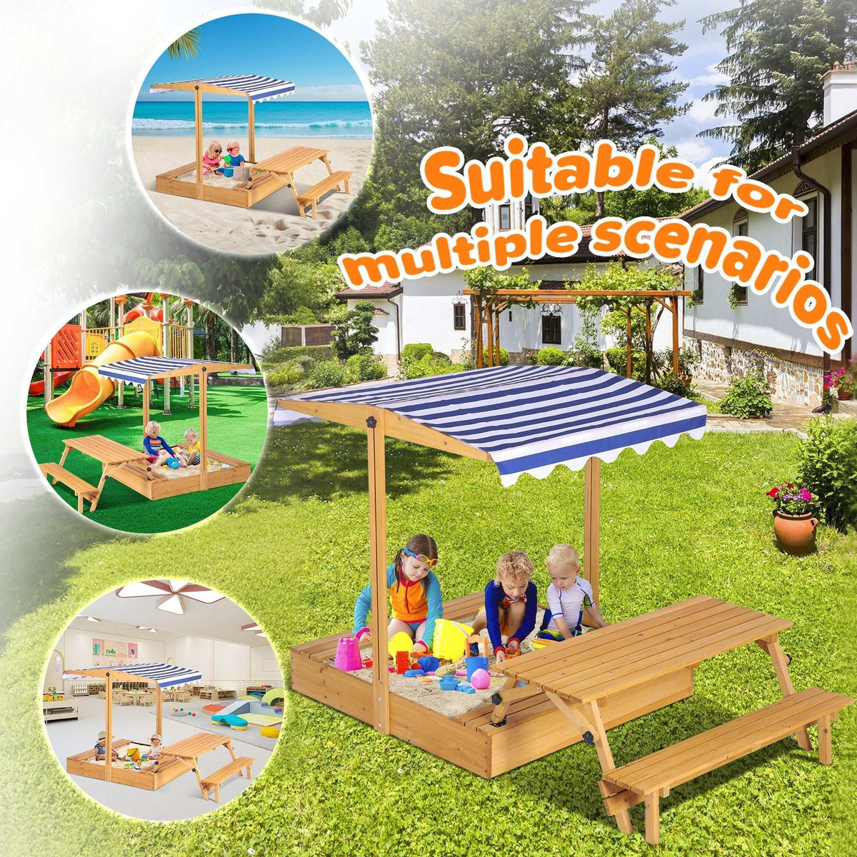 Haverchai Kid Sandbox with Lid, Outdoor Wooden Sand Boxes with Kids Picnic Table, Sandpit with Cover Canopy, Toddler Outdoor Playhouse with 2 Bench, Adjustable Roof & Bottom Liner for Backyard, Beach