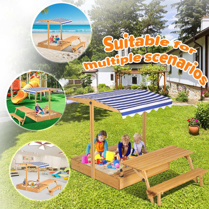 Haverchai Kid Sandbox with Lid, Outdoor Wooden Sand Boxes with Kids Picnic Table, Sandpit with Cover Canopy, Toddler Outdoor Playhouse with 2 Bench, Adjustable Roof & Bottom Liner for Backyard, Beach
