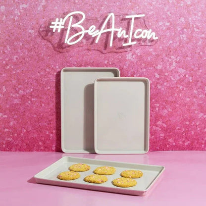 Paris Hilton 3-Piece Nonstick Cookie Sheet Pan Bakeware Set, Carbon Steel Baking Sheets, Dishwasher Safe, Pink