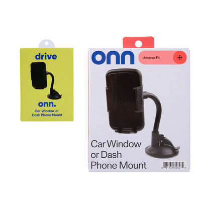 onn Universal Cell Phone Car Mount for Windshield and Dashboard, Suction Cup Mount, Adjustable 360° Rotation, Black