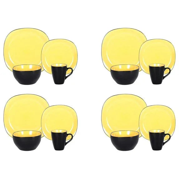 Square 16pc Dinnerware Set, Inside Shiny Yellow + Outside Matte Black