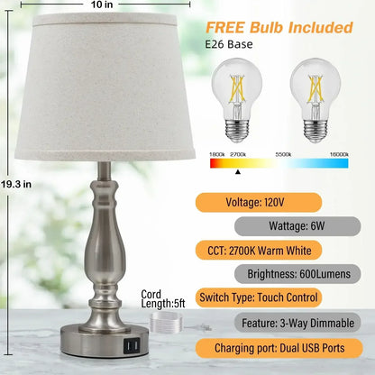 NATYSWAN Lamps for Bedrooms Set of 2, Brushed Nickel Bedside Lamps with USB Ports, 3 Way Dimmable Nightstand Lamps , Touch Table Lamp for Living Room Bedroom Office, Bulbs Included
