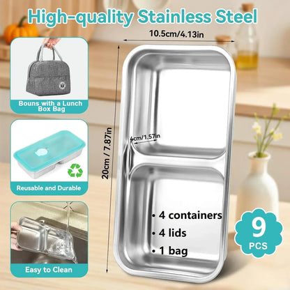 9 Pcs Stainless Steel Snack Containers with Lids and Lunch Box Bag, Grab and Go Snack Containers, Reusable 2 Compartment Stainless Steel Food Storage Containers Set for Travel & Outdoor Camping