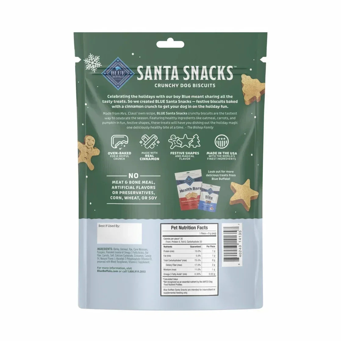 Blue Buffalo Santa Snacks Crunchy Dog Biscuits, Oven-Baked, Oatmeal & Cinnamon, 11-oz. Bag