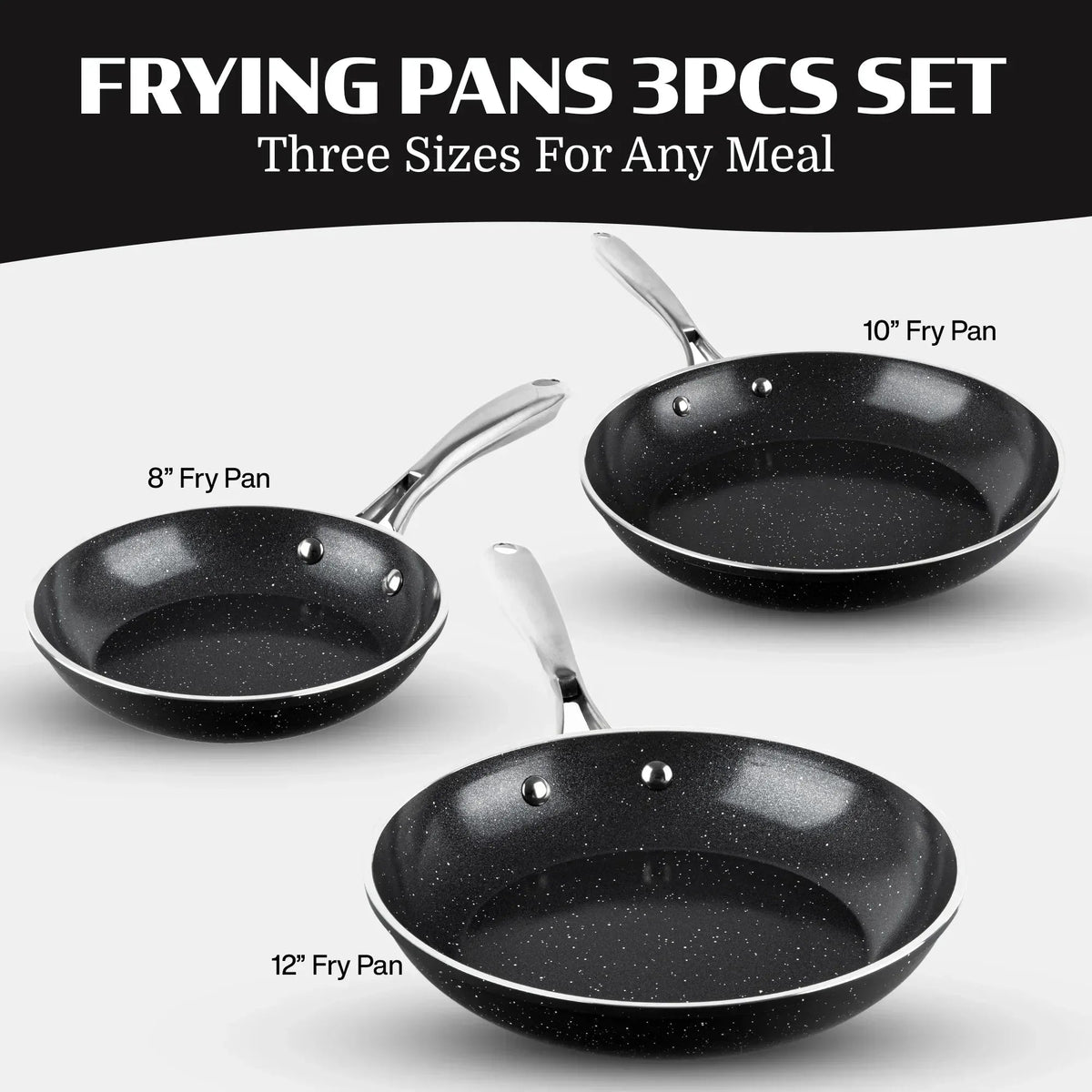 Granitestone 3 Pc Nonstick Frying Pan Set, 8" 10" 12" Frying Pans, Easy Clean Ceramic Frying Pan, Egg Omelet Pan Set, Oven & Dishwasher Safe Skillet, Black