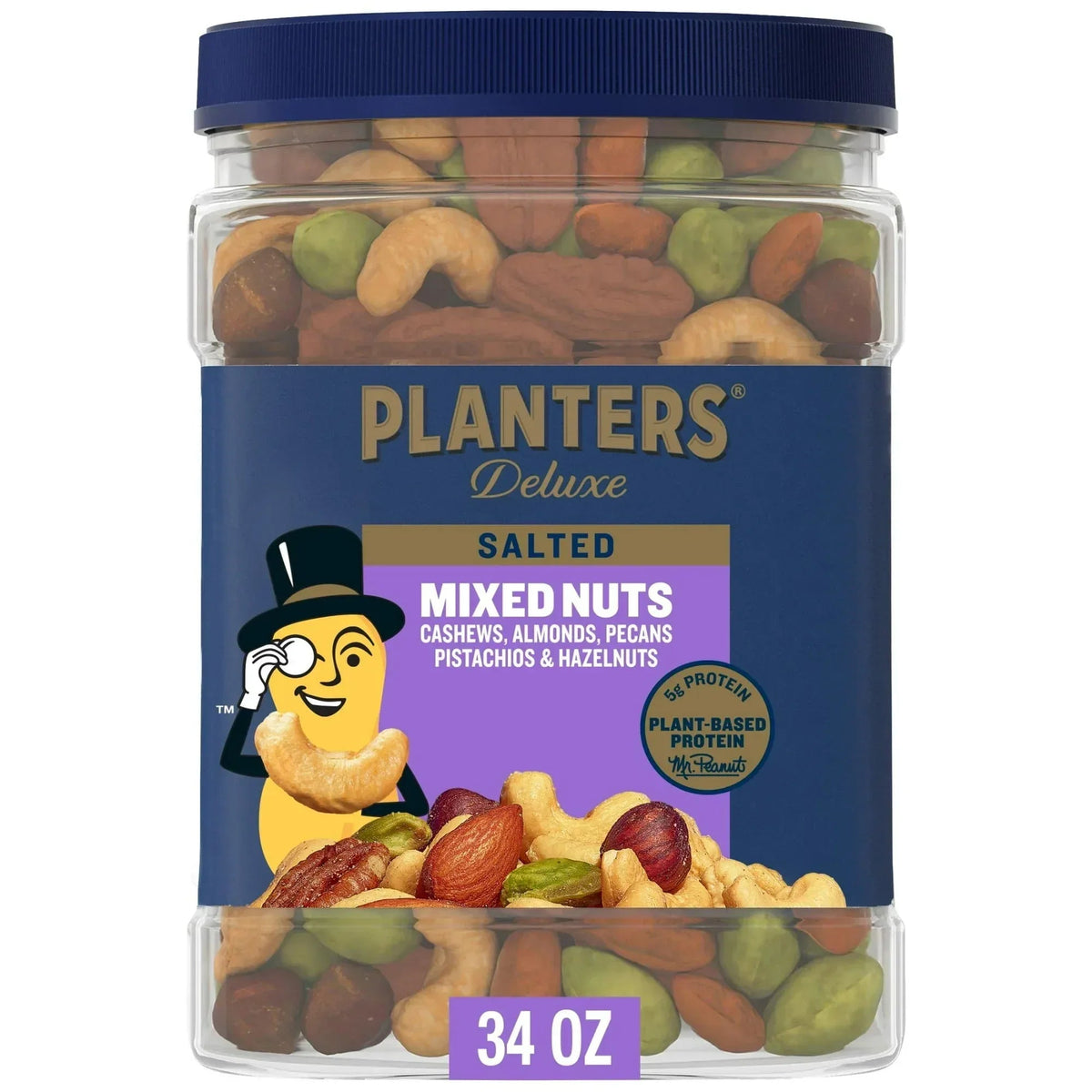 PLANTERS Deluxe Salted Mixed Nuts, Party Snacks, Plant Based Protein, 34 oz Plastic Jar