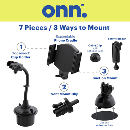 onn. 7-in-1 Universal Car Phone Mount Kit, Cup Holder, Vent, Dash, Windshield with Adjustable Ball Joint