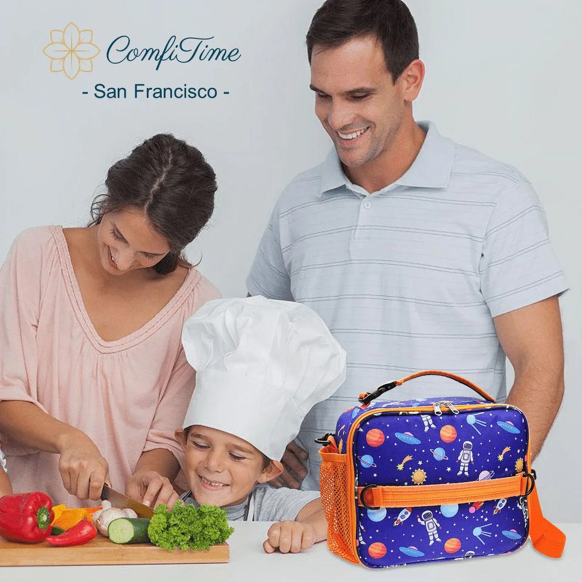 ComfiTime Lunch Bag for Kids – Insulated Lunch Box for Girls and Boys, Cute Reusable Cooler Bag with Zipper Pockets, Bottle Holder, Padded Handles and Shoulder Strap (Blue Camouflage)